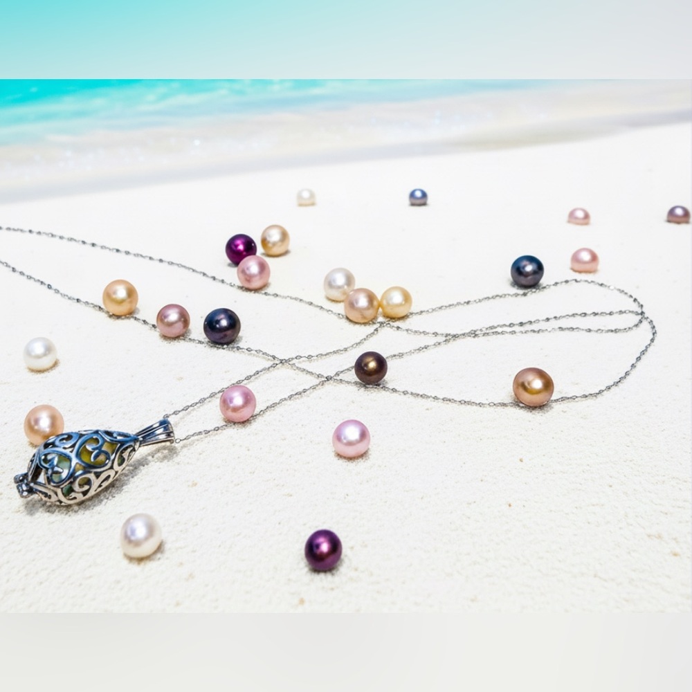 Enchanted Forest Silver Pearl Cage Pendant Necklace /W 20 Natural‎ Pearls